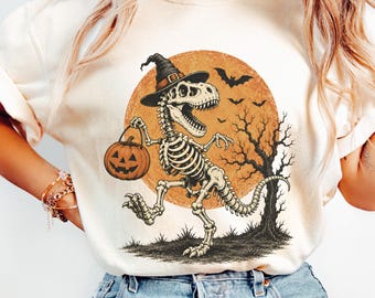 Halloween-Dinosaurier-Shirt, Skelett-Dino-Hexen-T-Shirt, lustiges Halloween-T-Shirt, Retro-Shirt für die Gruselsaison, Vintage-Kürbis-T-Shirt in bequemen Farben