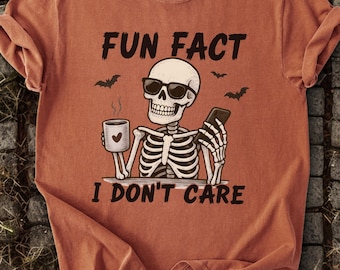 Camiseta de Halloween, Camiseta engraçada de esqueleto, Camiseta de temporada assustadora, Camiseta com curiosidades "Eu não me importo", Camiseta amante de café, Camiseta com estampa de esqueleto da moda