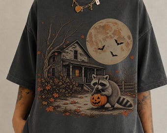 Waschbär-Halloween-Shirt, süßes Halloween-T-Shirt, Vintage-Halloween-Shirt, Kürbis-Waschbär-Shirt, Shirt für die Gruselsaison, Herbst-T-Shirt mit Grafik