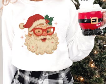 Sudadera navideña rosa de Papá Noel, camiseta navideña retro, cuello redondo vintage de Papá Noel, camiseta navideña rosa, regalo navideño para mujer, familia a juego