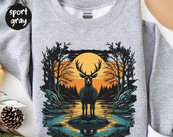 Vintage Reindeer Sweatshirt, Retro Wildlife Sweatshirt, Sunset Forest Crewneck, Nature Lover Gift, Hunting Shirt, Rustic Aesthetic Sweater
