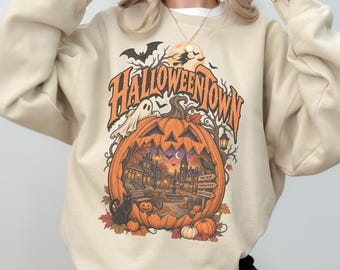 Halloween-Sweatshirt, Vintage-Halloween-Shirt, Halloween-Stadt-Pullover, Kürbis-Sweatshirt, Grusel-Shirt, Retro-Halloween-Rundhalsausschnitt