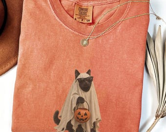 Halloween-Katzen-Shirt, Lustiges Geisterkatzen-T-Shirt, Schwarzes Katzen-Halloween-Shirt, Grusel-Shirt, Niedliches Halloween-T-Shirt mit Grafik, Komfortfarben