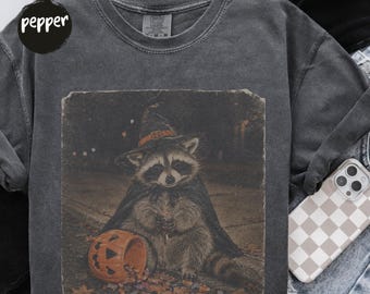 Halloween-Shirt, Vintage-Halloween-T-Shirt, Grusel-Shirt, Retro-Halloween-Shirt, T-Shirt mit süßem Waschbär-Motiv, Herbst-Shirt mit Hexenmotiv