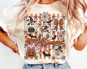 Kürbis-Shirt, Grusel-Shirt, süßes Halloween-Shirt, verspieltes Halloween-T-Shirt, rosa Geister-Shirt mit Schleife, Retro-Halloween-Shirt, Hexen-Herbst-Shirt