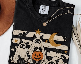 Halloween-Katzen-Shirt, Lustiges Geisterkatzen-T-Shirt, Schwarzes Katzen-Halloween-Shirt, Grusel-Shirt, Niedliches Halloween-T-Shirt mit Grafik, Komfortfarben
