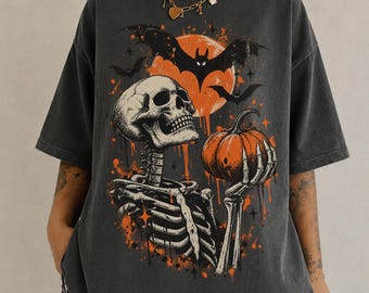 Vintage Halloween-Shirt, Skelett-Kürbis-Shirt, Retro-Grusel-Shirt, Halloween-Grafik-Shirt, Comfort Colors Skelett-Shirt, Kürbis-Shirt