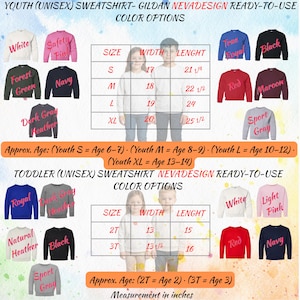 Puede incluir: Imagen de sudaderas unisex para j&oacute;venes y ni&ntilde;os peque&ntilde;os en varios colores, como blanco, rosa y azul marino. Se muestran tablas de tallas con medidas en pulgadas. El texto dice "NEVADESIGN READY-TO-USE".