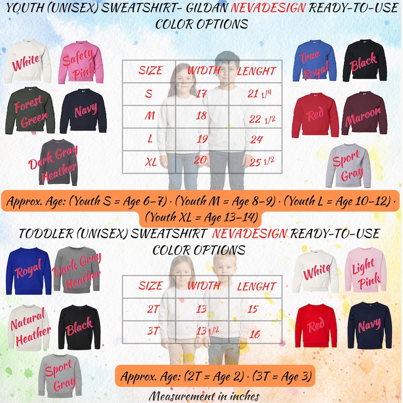 Puede incluir: Imagen de sudaderas unisex para j&oacute;venes y ni&ntilde;os peque&ntilde;os en varios colores, como blanco, rosa y azul marino. Se muestran tablas de tallas con medidas en pulgadas. El texto dice "NEVADESIGN READY-TO-USE".