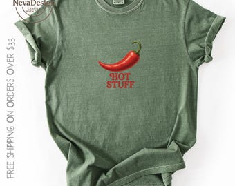Hot Stuff-shirt, grafische T-shirt chilipeper, comfortkleuren pittige T-shirt, retro hot-saustop, graphic grappige voedselliefhebber, uniseks cadeau
