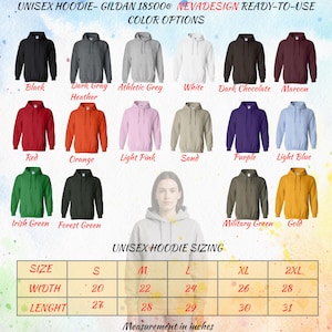 Puede incluir: Imagen de sudaderas con capucha unisex en varios colores, como negro, rojo y dorado. La imagen tambi&eacute;n muestra una tabla de tallas con medidas en pulgadas. El ancho para la talla S es de 20 pulgadas y el largo es de 27 pulgadas.