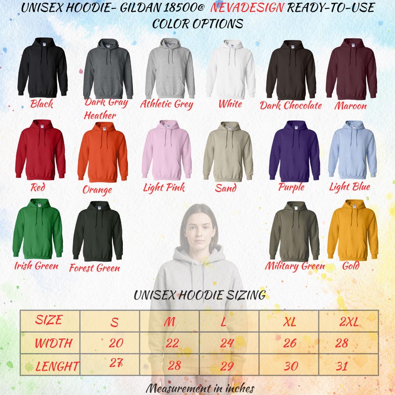 Puede incluir: Imagen de sudaderas con capucha unisex en varios colores, como negro, rojo y dorado. La imagen tambi&eacute;n muestra una tabla de tallas con medidas en pulgadas. El ancho para la talla S es de 20 pulgadas y el largo es de 27 pulgadas.