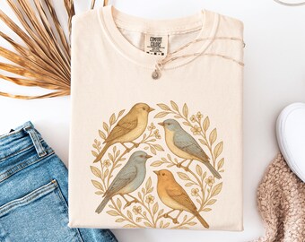 Chemise oiseau roselin, t-shirt vintage couleurs confort botanique, t-shirt rétro observation des oiseaux, haut graphique nature, cadeau unisexe esthétique
