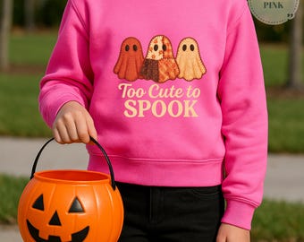 Sudadera de Halloween "Demasiado linda para asustar" para niños, camiseta de Halloween para niños pequeños, suéter juvenil "Demasiado linda para asustar", atuendo de otoño para pedir dulces.