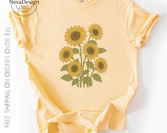 Komfortfarben Sonnenblumen-Shirt, Retro Vintage-Grafik-T-Shirt, botanisches Blumen-T-Shirt, ästhetisches Unisex-Oberteil, Sommergeschenk