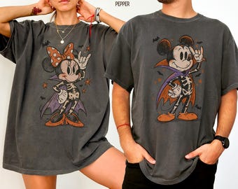 Comfort Colors Mickey Minnie Halloween Shirt, Disney Couple Shirts, Matching Halloween Tee, Mickey Vampire, Minnie Skeleton, Spooky Season