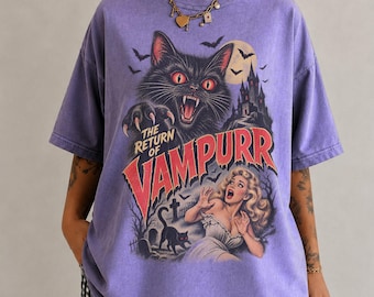 Halloween-Katzen-Shirt, Vintage-T-Shirt im 90er-Jahre-Stil mit Grafik, Retro-Horror-T-Shirt mit schwarzer Katze, gruseliges Comfort Colors-Shirt, Halloween-Grafik-T-Shirt