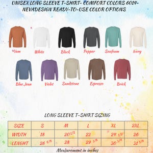 Peut inclure: Pr&eacute;sentation de t-shirts &agrave; manches longues unisexes dans diverses couleurs : Yam, Blanc, Noir, Poivre, &Eacute;cume de mer, Ivoire, Bleu Jean, Violet, Gr&egrave;s, Espresso et Brique. Un tableau des tailles est &eacute;galement pr&eacute;sent, avec des mesures en pouces, soit environ 45.7 cm &agrave; 66 cm de largeur.