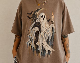 Ghost Cat Halloween Shirt, Comfort Colors Halloween Tee, Black Cat Shirt, Vintage Ghost Shirt, Spooky Season Tee, Witchy Halloween Gift