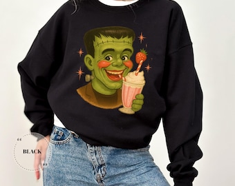 Sweat-shirt d'Halloween Frankenstein, pull ras du cou monstre mignon effrayant rétro, pull vintage de saison effrayante, sweat-shirt de film d'horreur drôle