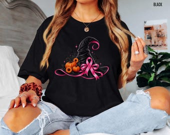Halloween-Shirt zur Brustkrebsvorsorge, T-Shirt mit rosa Schleife und Hexenhut, Geschenk für Brustkrebsüberlebende, T-Shirt zur Oktober-Aktion, Halloween-Hexen-T-Shirt