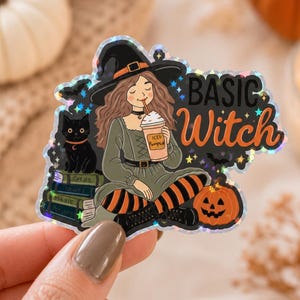Basic Witch Sticker | Iced Pumpkin Latte, Black Cat, Spooky Season Die Cut (Holographic Matte)