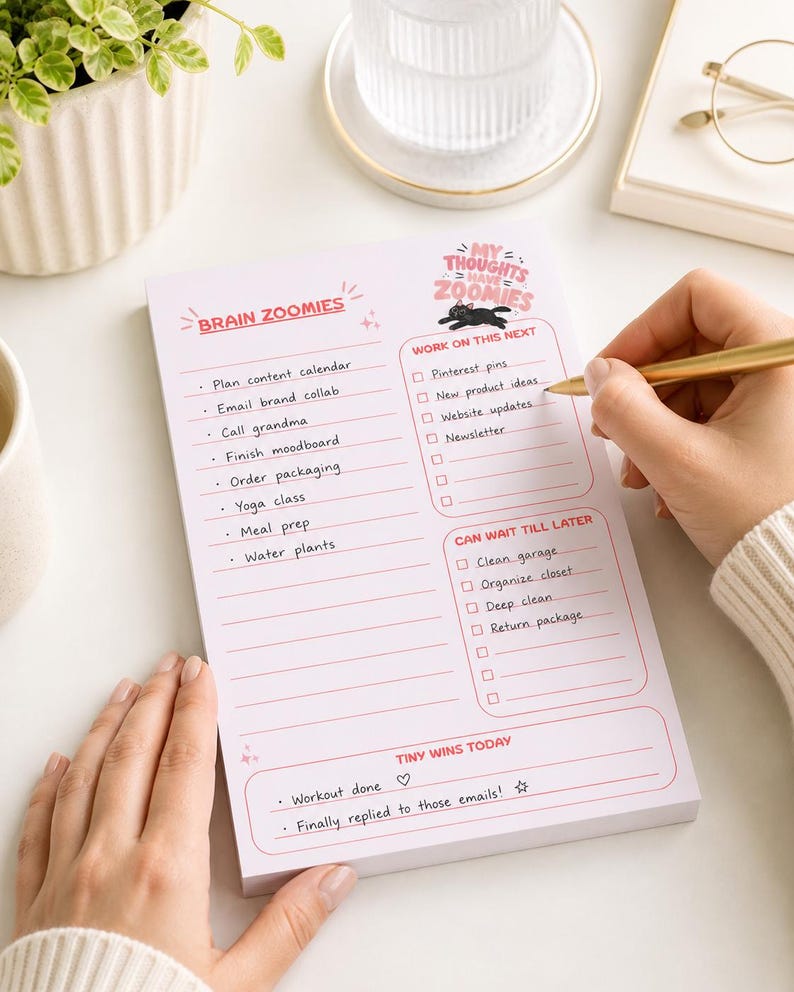 May include: A pink notepad with the words "Brain Zoomies" and "My Thoughts Have Zoomies" printed on it. The notepad has sections for to-do lists, including "Work on This Next" and "Can Wait Till Later." A hand is writing on the notepad with a gold pen.