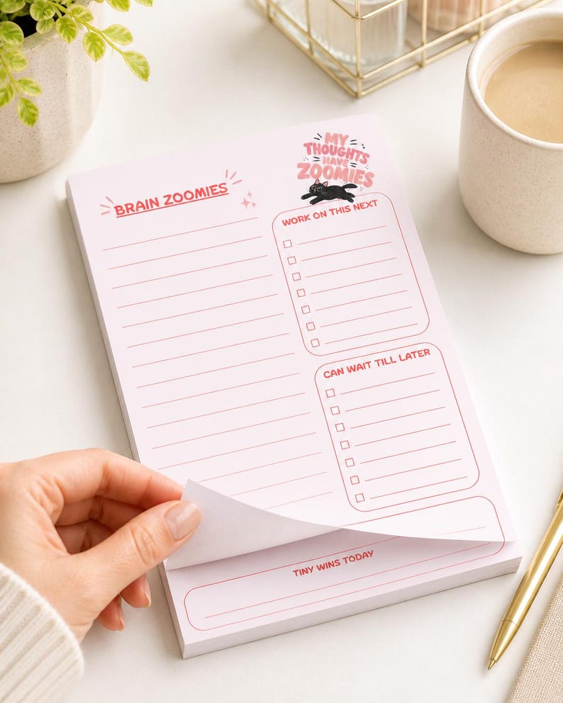 May include: A pink notepad with the text "BRAIN ZOOMIES" and "MY THOUGHTS HAVE ZOOMIES". The notepad has sections for "WORK ON THIS NEXT" and "CAN WAIT TILL LATER". A hand is shown lifting a page. A gold pen and a cup of coffee are in the background.