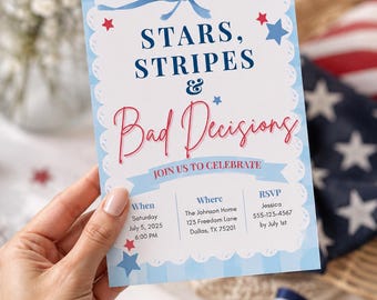 Funny 4th of July Invite | Stars Stripes and Bad Decisions | Coquette Gingham Invitation | Editable Canva Template | Instant Download