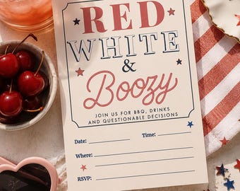 Red White Boozy 4th of July Party Invitation | Editable Canva Template (Digital Download)