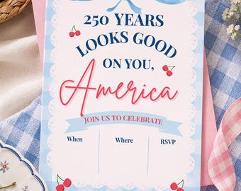 Funny 4th of July Invitation | America 250 Years Coquette Patriotic Invite (Editable Canva Template)