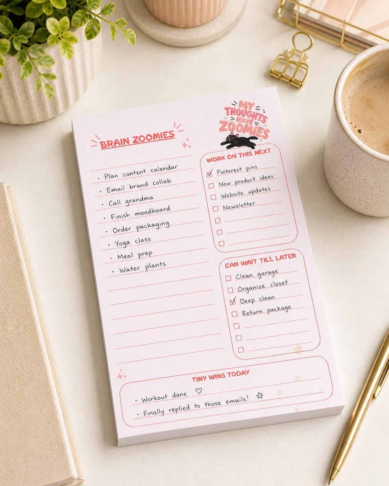 May include: A pink notepad with the words "Brain Zoomies" and "My Thoughts Have Zoomies." The notepad has a to-do list with checkboxes and sections for "Work on this next," "Can wait till later," and "Tiny wins today."