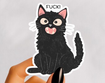 Funny Sweary Black Cat Sticker, Waterproof Decal for Laptop, Tumbler