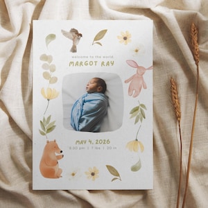Nature-themed Baby Birth Announcement Template Double Sided Photo Baby Announcement Card Editable Newborn Announcement Photo Card Digital