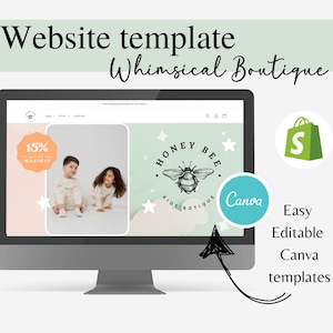 May include: A computer monitor displays a website template for Whimsical Boutique. The website features a Honey Bee Kids Boutique logo, a Canva logo, and the text "Easy Editable Canva templates". The screen shows two children.