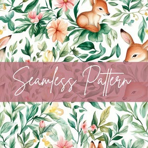May include: Watercolor seamless pattern featuring deer, flowers, and foliage in shades of green, pink, and yellow. The design includes the text "Seamless Pattern" in a cursive font, set against a mauve background. The overall theme is nature and whimsy.