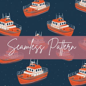 May include: Seamless pattern featuring orange and white boats on a dark blue background with small white stars. The boats have a detailed design with windows and railings. The text "Seamless Pattern" is written in white script across the image.