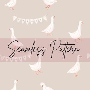 May include: A seamless pattern design with white geese, orange beaks and feet, on a light beige backdrop. Small pennant banners with the text "OH BABY" are also included. The words "Seamless Pattern" are written in a cursive font.