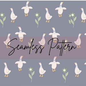 Op de afbeelding: Naadloos patroon met witte ganzen met blauwe linten en gele voeten, afgewisseld met groene bloemen op een grijze achtergrond. De tekst "Seamless Pattern" staat in cursief over de afbeelding.