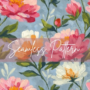 May include: Seamless pattern featuring a painterly floral design. Pink, orange, and white peonies are set against a light blue background with green leaves and stems. The words "Seamless Pattern" are overlaid on the image.