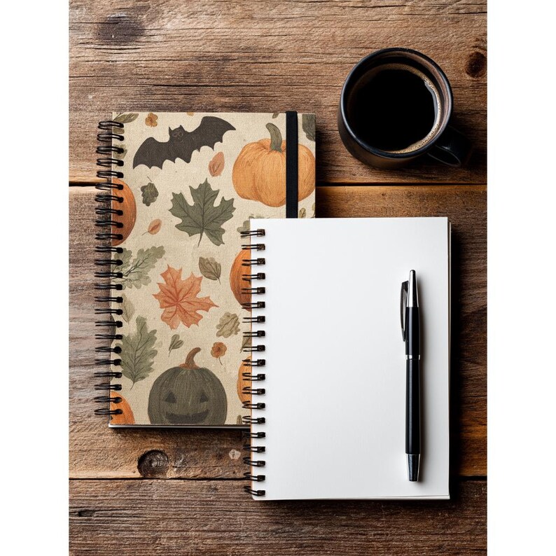 May include: Two spiral-bound notebooks and a black pen rest on a wooden surface, alongside a black mug of coffee. One notebook features a Halloween-themed design with pumpkins, bats, and leaves. The other notebook is blank.
