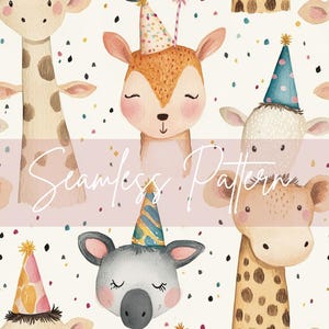May include: Watercolor seamless pattern featuring adorable animal faces, including giraffes, deer, and koalas, each wearing a party hat. The background is a light cream color with colorful confetti and the text "Seamless Pattern".
