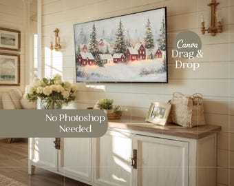 Cozy Living Room Samsung Frame TV Mockup Canva Template Drag & Drop Holiday Wall Art Mockup Editable Minimalist TV Frame Display Landscape