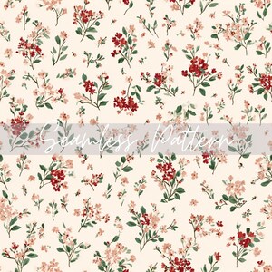 Puede incluir: Patrón sin costuras sobre un fondo crema, adornado con pequeños grupos de flores rojas y rosas y hojas verdes. El diseño tiene un aspecto delicado y natural. El texto "Seamless Pattern" está superpuesto.
