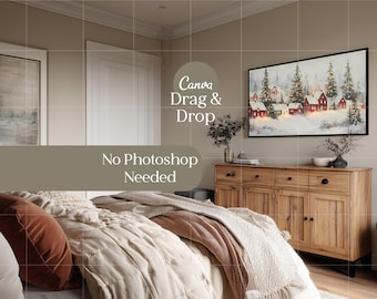 Cozy Bedroom Samsung Frame TV Mockup Canva Template Drag & Drop Holiday Wall Art Mockup Editable Minimalist TV Frame Display Landscape