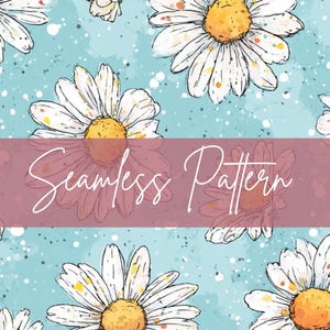May include: A seamless pattern featuring white daisies with yellow centers on a light blue watercolor background. The flowers are outlined in black, and the background has white speckles. The text "Seamless Pattern" is displayed across the image.