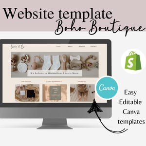 Könnte beinhalten: Ein Computermonitor zeigt eine Website-Vorlage mit dem Text "Website template Boho Boutique". Die Website hat ein minimalistisches Design mit neutralen Farben und Produktbildern. Ein Shopify-Logo und ein Canva-Logo sind ebenfalls sichtbar.