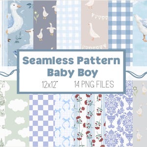 May include: A selection of seamless patterns in blue hues, showcasing geese, gingham, floral, and toile motifs. The text "Seamless Pattern Baby Boy" is visible, alongside "12x12" and "14 PNG FILES". Ideal for baby-themed craft projects and designs.