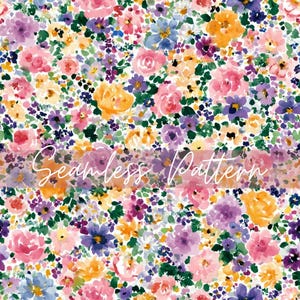 May include: A watercolor floral seamless pattern featuring a variety of flowers in shades of pink, purple, yellow, and blue. The text "Seamless Pattern" is written in a cursive font across the image.