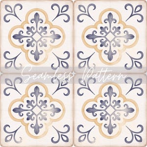 May include: Seamless pattern featuring a repeating tile design. Each tile has a cream background with a central floral motif in muted yellow and blue-gray. Decorative flourishes in blue-gray complete the design.